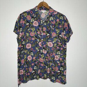 J Jill Popover Top Blue Floral Print Short Sleeve Medium‎ Petite